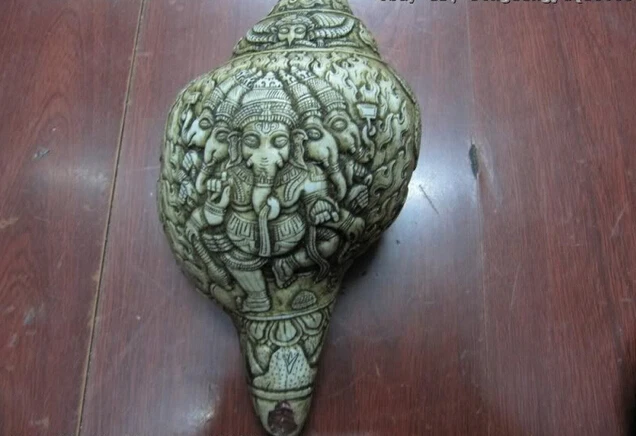 

Elegant old S0532 Tibet Buddhism trumpet shell Handwork Carve Elephant God of wealth Conch of Fame A0403