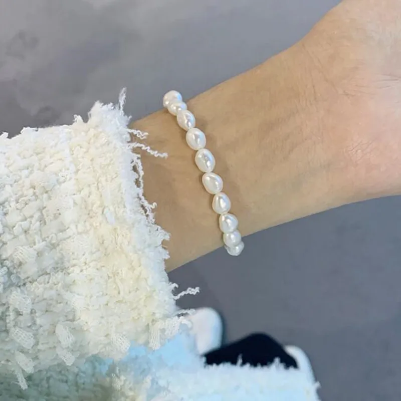 

Bovvsky Handmade Natural Freshwater Pearl Bracelet Gold Metal Hand Jewelry Irregular Beads charm bracelets for Women