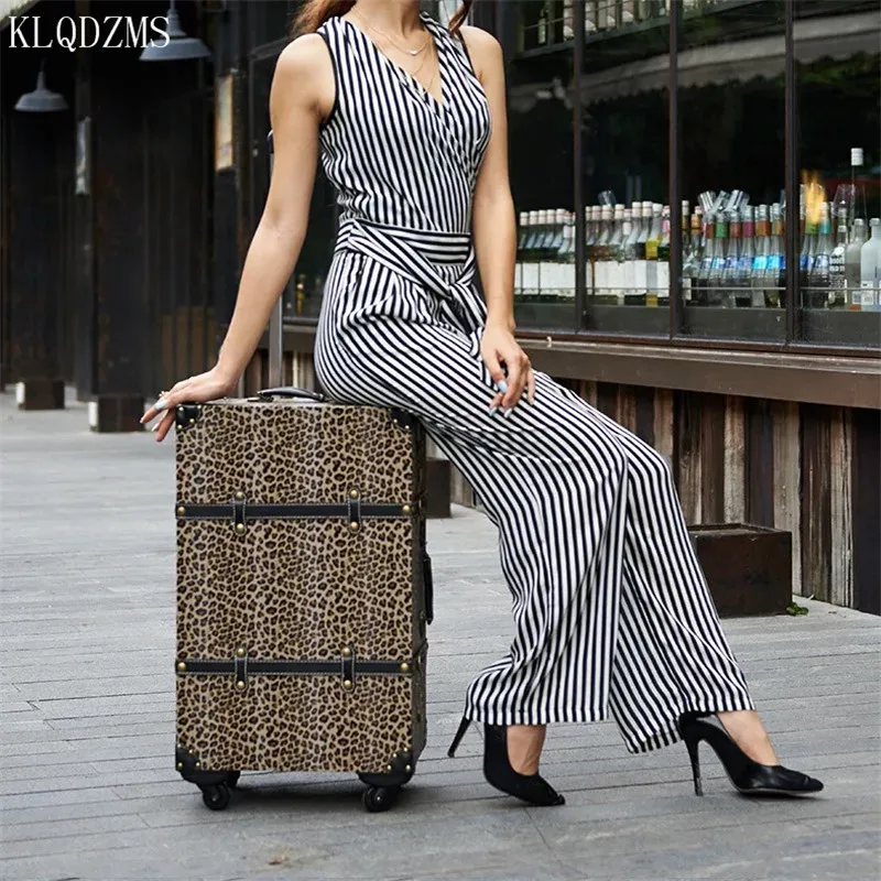 KLQDZMS 20/24/26inch Ретро прокатки Чемодан Для женщин полиуретан дерево LovelyLeopard patternTravel