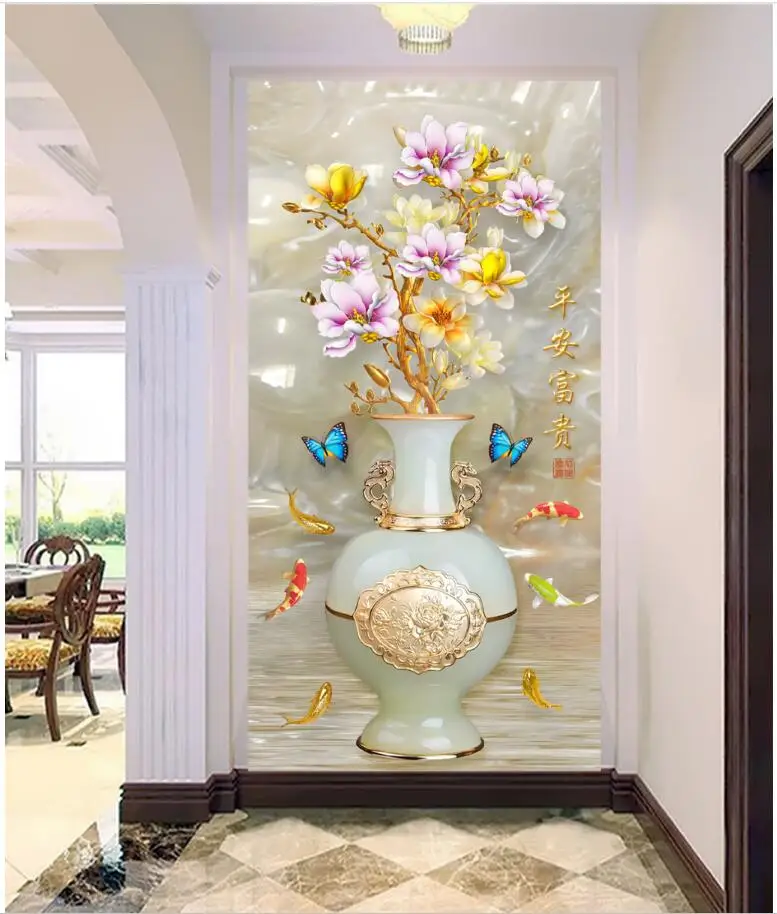 

Custom mural photo 3d wallpaper Romantic jade vase flowers butterfly porch decor painting 3d wall murals wallpaper for walls 3 d