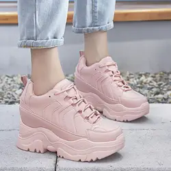 Tleni 2018 женщина на плоской платформе тапки обувь со скрытым каблуком для девочек на шнуровке увеличивающие рост вулканизированной розовый