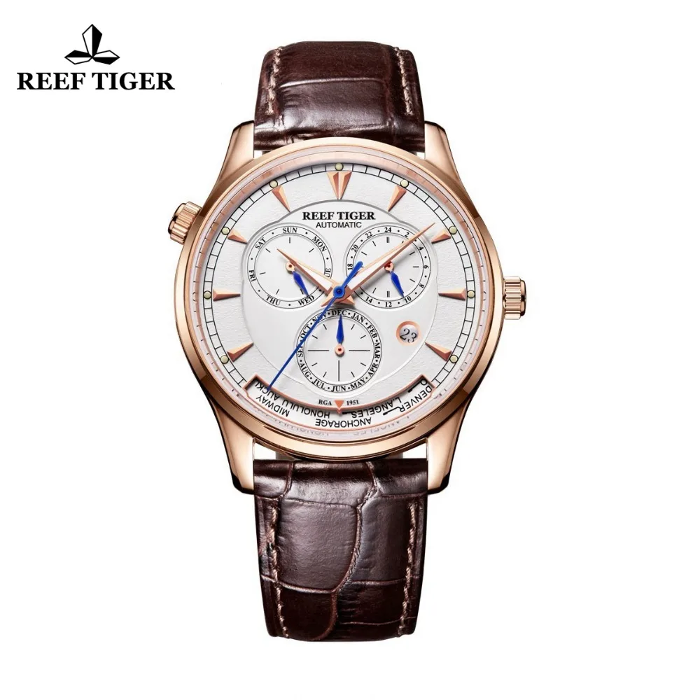 

Reef Tiger/RT Mens Automatic World Time Watches with Date Day Month Rose Gold Leather Strap Watch Double Time Watch RGA1951
