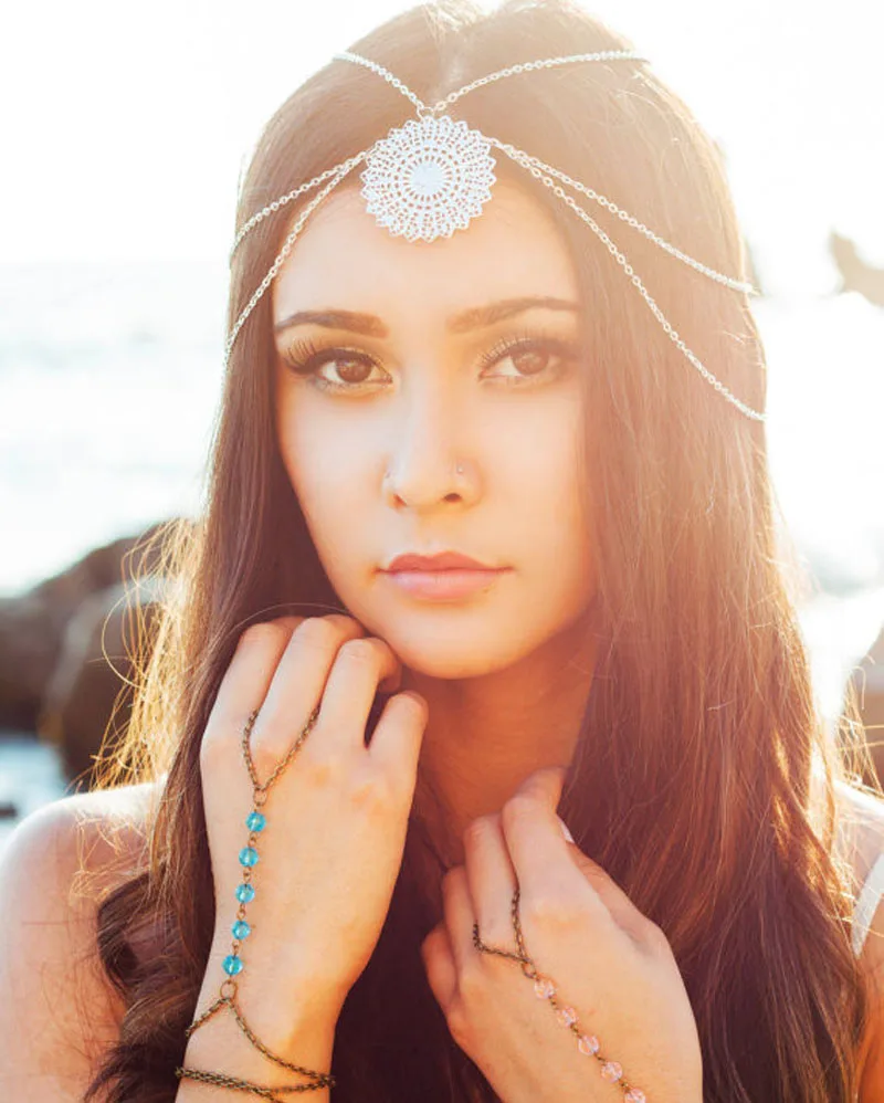 ashion Head Chain Pieces Women Boho Headpiece Headband Metal Flower