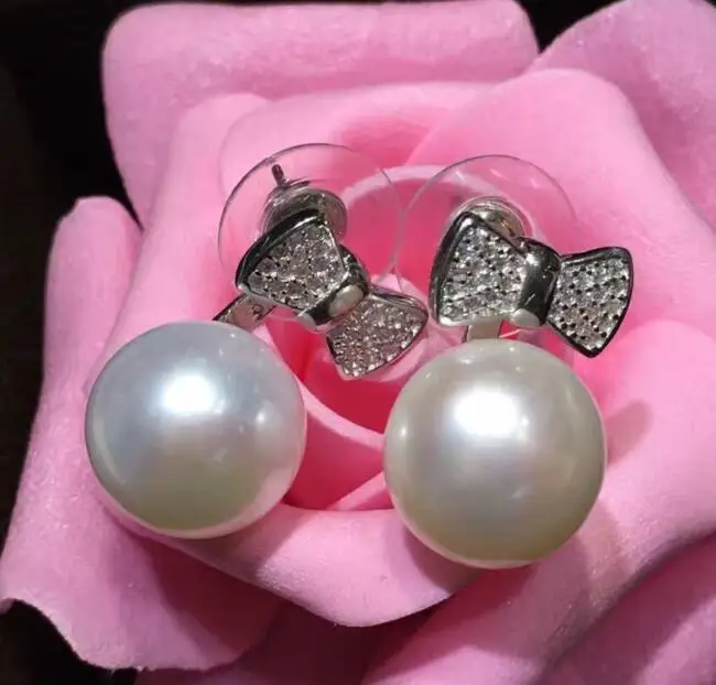 

free shipping luxury Noble jewelry style 12-13mm Natural Freshwater Pearl Bowtie Silver Earring