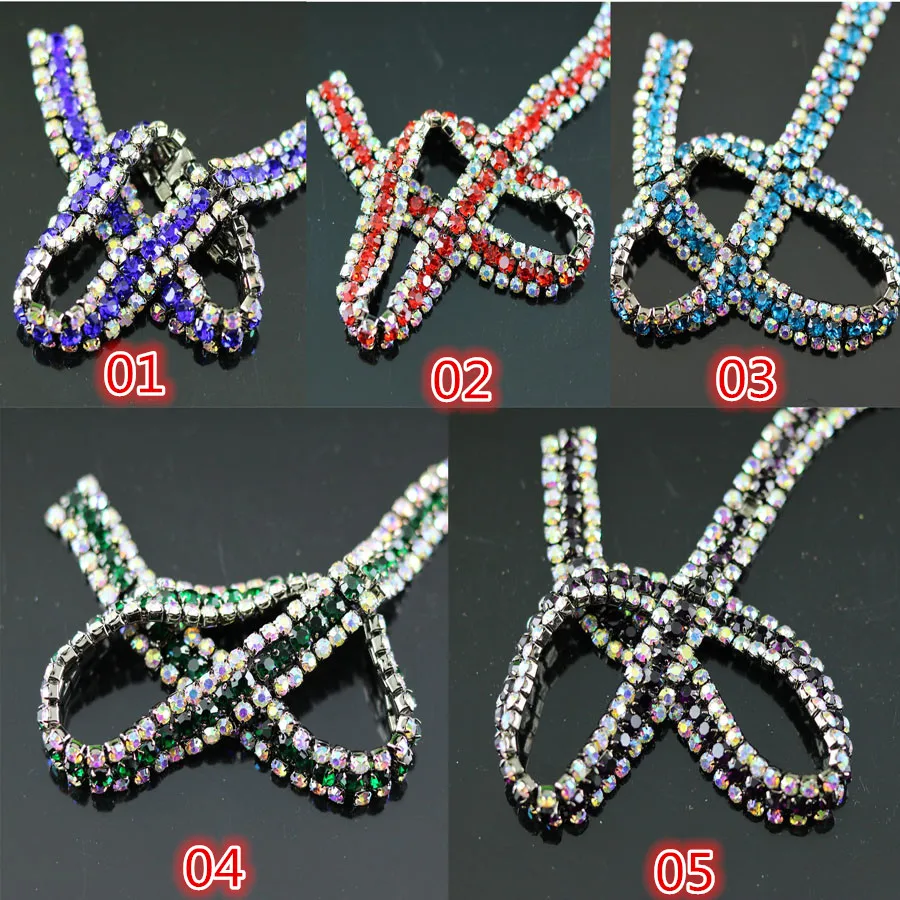

DIY Fashion 10cm, 3row Colorful +Clear AB glass Crystal rhinestone chain compact Black base chain claw trim Wedding Applique