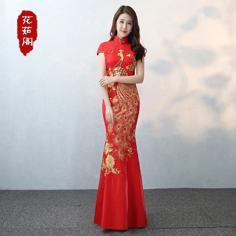 Свадебное винтажное длинное китайское платье Ципао с вышивкой Феникса, традиционное вечернее платье Ципао - Цвет: gules