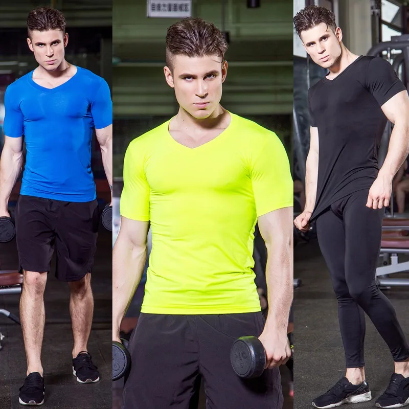 

2018 New Compression Male Quick Dry Breathable Elastic Tights Tees Shirts Men Short Sleeve V-neck T-shirt