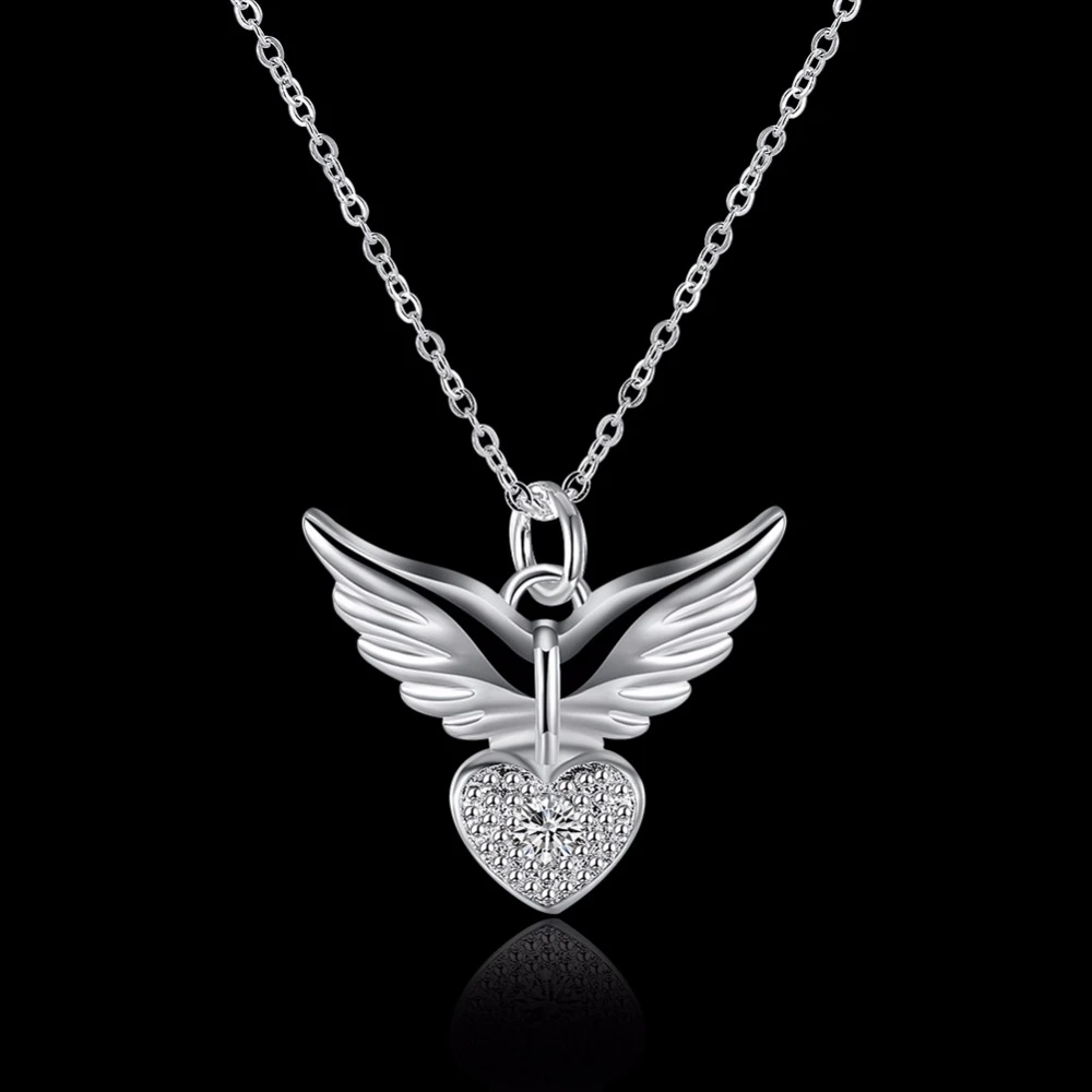 LEKANI New Arrival Fashion Angel Wings Love Heart Shape 925 Sterling Silver Pendant Necklace Fine Jewelry Gift For Women