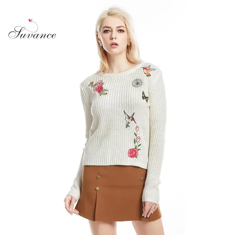 

Suvance Spring Casual Embroidered Pullover Solid Color O Neck Patchwork Elastic Long Sleeve Women Sweater