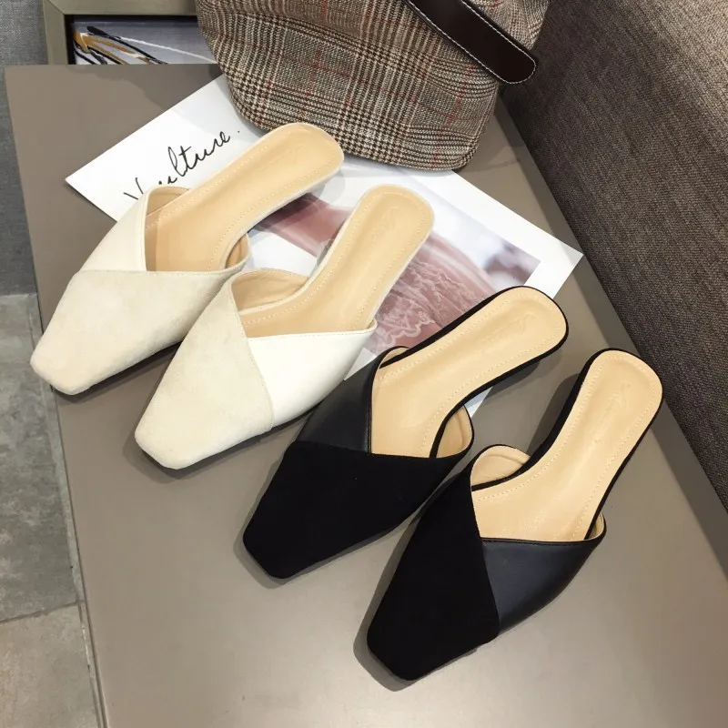 

Rubber Slippers Female Mules Low Modis Closed Toe Leather Slides Sandal Ladies Slipon Korean Summer Lady PU Shallow Fretwork
