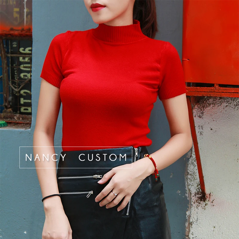 Crop Top 2016 New Half A Turtle Neck Short-Sleeved Knitted Sweater Sleeve Head Small Pure Color Women Pullovers