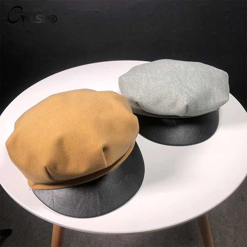 

CWLSP Faux Leather Patchwork Beret Women Sun Hat Vintage Octagonal Cap Winter Headwear Beanie Hat boinas para mujer QL4150