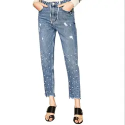 Для женщин Винтаж Высокая талия жемчуг бусины рваные джинсы низ push up Джинсовые штаны на молнии с кисточками и вырезами отверстие (синий)