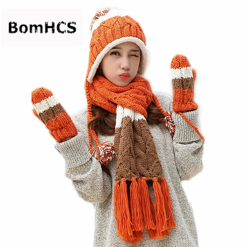 

BomHCS 3pcs Suit Winter Warm Scarf+hat+gloves 100% Handmade Knit Neckerchief Beanie Mittens