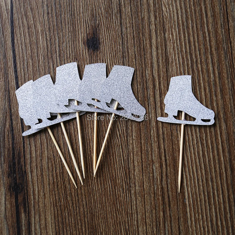 Set of 12 Ice Skate Cupcake Toppers in Silver Glitter Paper 