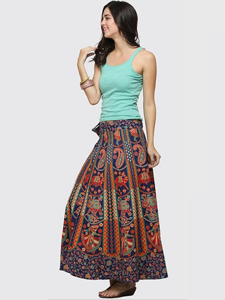 Индийский рапрон Этническая Мандала печатных женские длинные обволакивающая юбка Винтаж Инди плиссированные цветочные длинные юбки для женщин