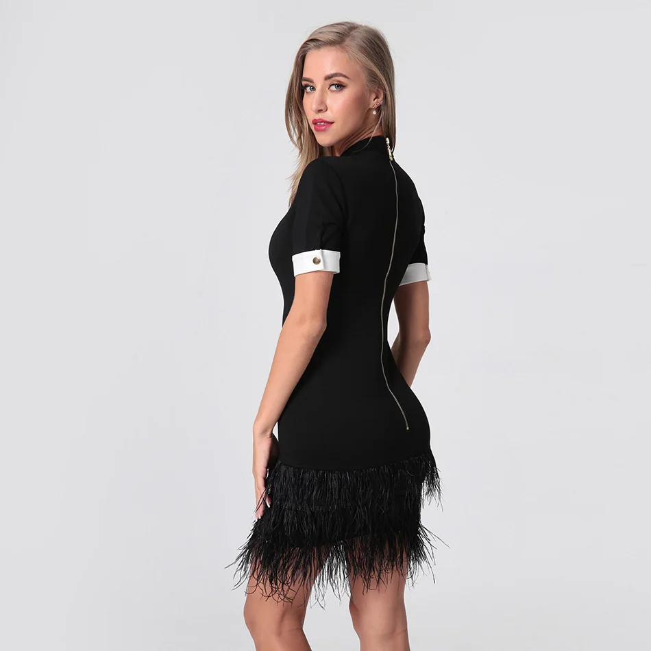 Женские элегантные черные платья высокого качества с перьями, с коротким рукавом, на шее, с пуговицами, цвет, подходит для вечеринки, vestidos Robe Femme