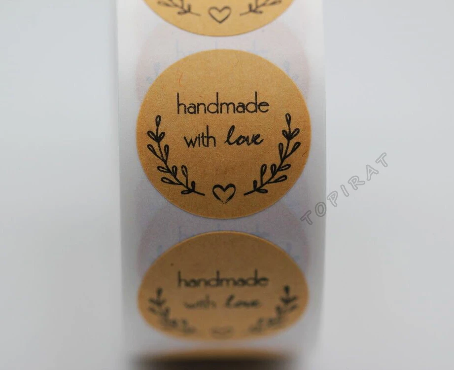 

500Pcs/Roll 1'' Natural Kraft Olive Branch Handmade With Love Stickers Festival Decorations for Home Stickers Tags Round