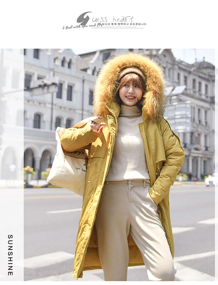 Зимнее пальто для женщин с большим меховым воротником, с капюшоном, Длинная утепленная куртка, Корейская стеганая парка, 2019 негабаритная