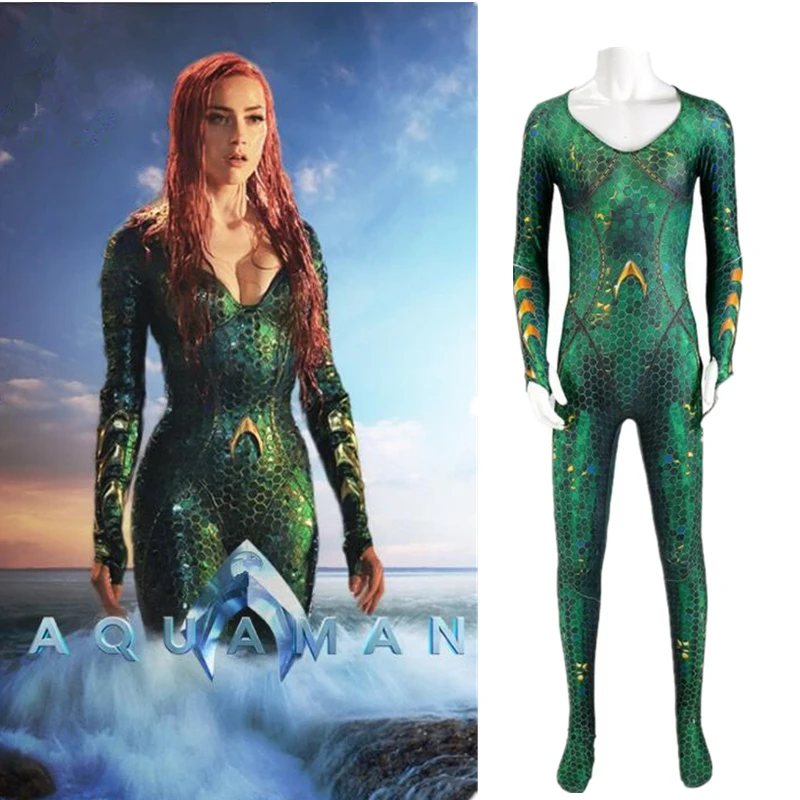 Women Aquaman Mera Cosplay Costume Queen Jumpsuit Bodysuit Zentai Superhero Suit 