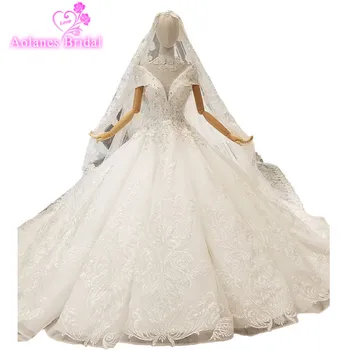 

2018 Luxury Natural White Lace Sleeveless V-neck Long Train Bridal Gown Lace Up Wedding Dresses With Long Veil Vestidos De Novia