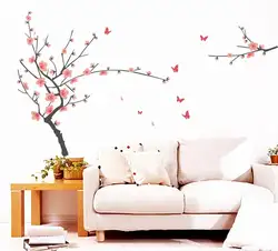 Розовый цветок персика ветви деревьев бабочка Винил Съемный Настенный декор Стикеры