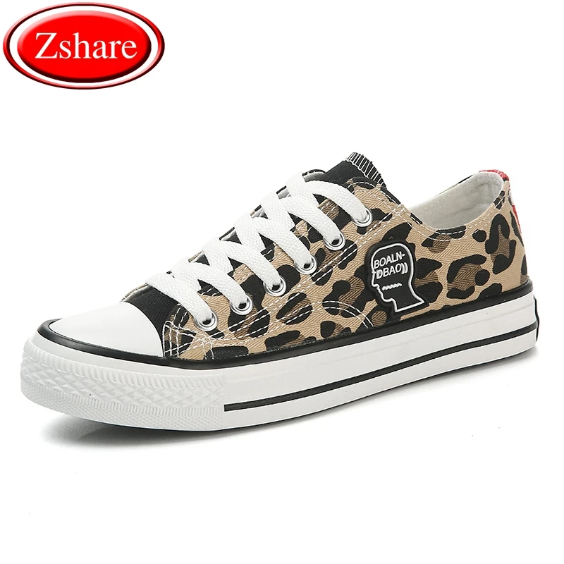 

Women Canvas Shoes 2019 Fashion Sneakers Breathable Lace-up Vulcanized Shoes Ladies Walking Casual Shoes Leopard Flats Female