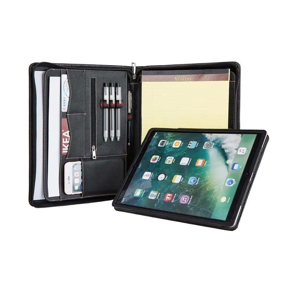 

Professional Genuine Leather Portfolio Folder with Stand Tablet Holder, Padfolio Portfolio Case Business Organizer - Black