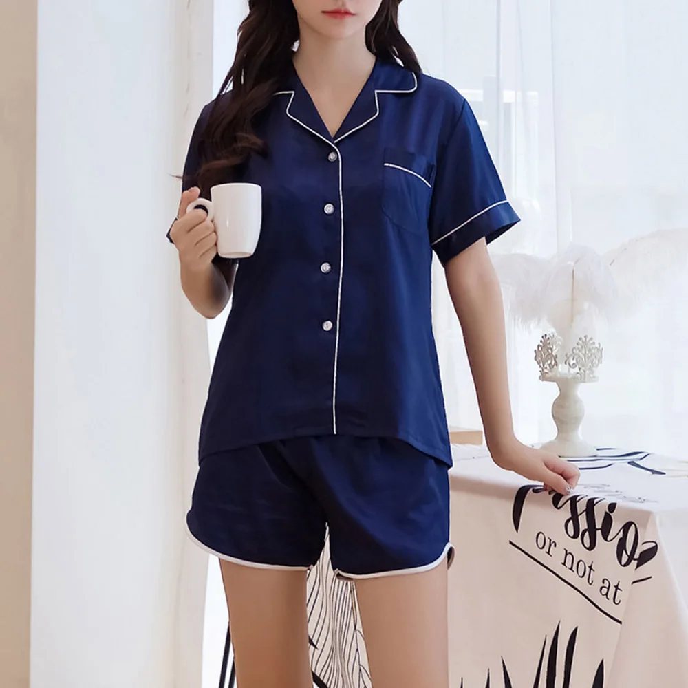 Пижама для пары пижамы для женщин Дамы атласная Шелковая пижама наборы для ухода за кожей Топы Корректирующие+ шорты ночные рубашки девочек Мужские Pijama Ночное - Цвет: Women Blue