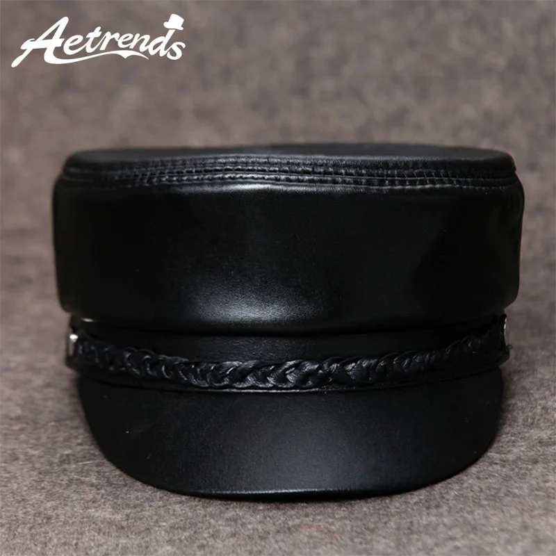 

[AETRENDS] 100% Leather Military Cap Men Army Hat Women's Fasthion Leather Flat Caps Z-6709