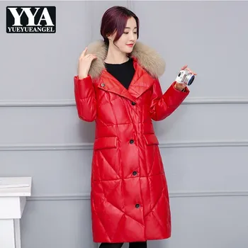 

Womens Leather Jacket Faux Fox Fur Collar Fashion Female Outerwear Ladies Winter Thick Warm Hooded PU Leather Jackets Clothes