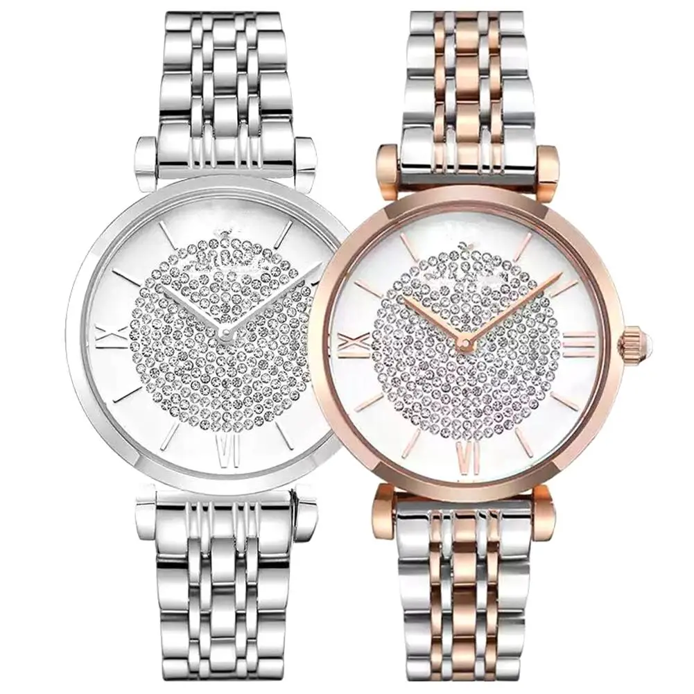

Fashion Women Paved Rhinestone Roman Numerals Round Dial Alloy Band Analog Quartz Watch