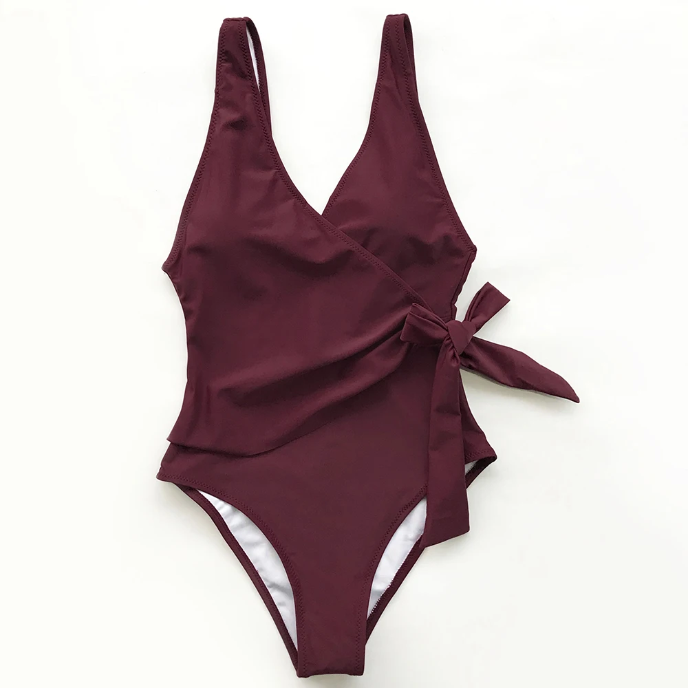 

Solid Low Back One-piece Swimsuit Women Burgundy Deep V neck Monokini 2019 Girl Beach Padded Bathing Suit Swimwear