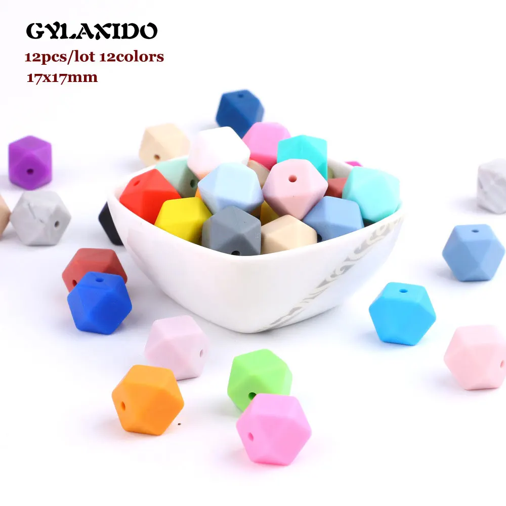 

12Pcs Hexagon Perle Silicone Beads 17mm Geometric Siliconen Kralen Beads BPA Free Chewable Baby Teethers Teething Toys Beads