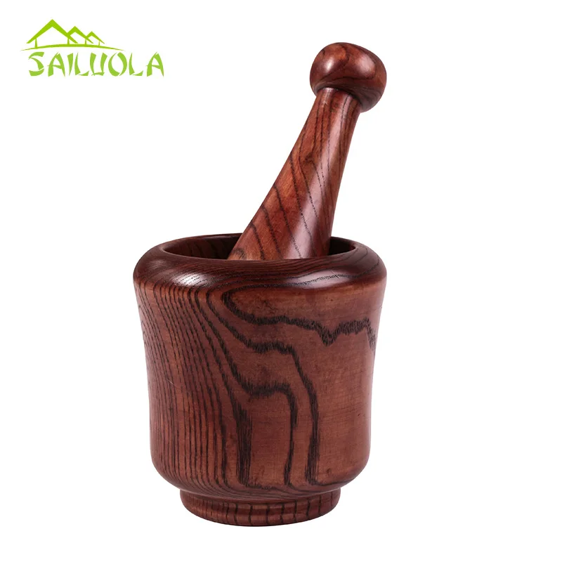 Solid Wood Garlic Mortar Pestle Set wood Herb Pugging Crusher Press