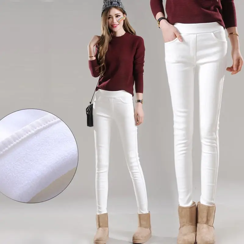 Goede Vrouwen Winter Warme Dikke Fleece Elastische Taille Witte Jeans Vrouwelijke Skinny Denim Zwart Warme Fleece Potlood Broek Leggings Winter