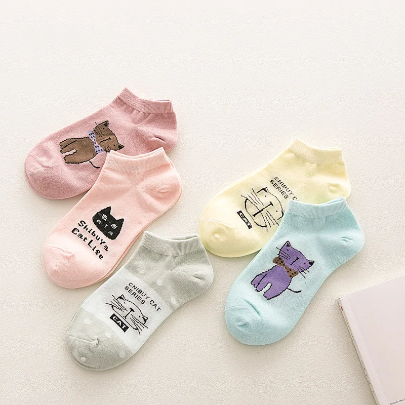 10pcs=5pairs Cute Cartoon Animal Cats Pattern Lovely Women Socks Summer Fashion Casual Harajuku Style Cotton Socks Women