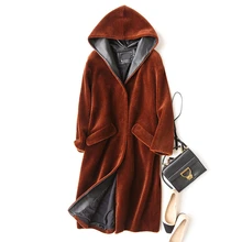 Luxury Lady Real Wool Blend Fur Coat Jacket With Hoody Autumn Winter Genuine Women Fur X-Long Outerwear Coats Plus Size LF4114