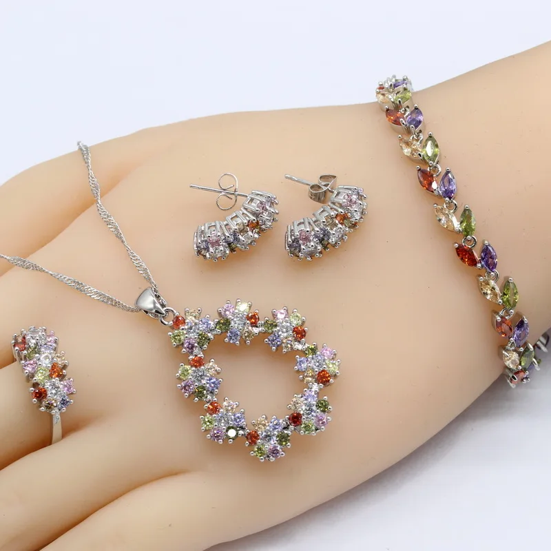 

Geometric Multicolor Stone Silver 925 Jewelry Sets For Women Wedding Bridal Bracelet Sets Necklace Ring Clip Earrings Bracelet