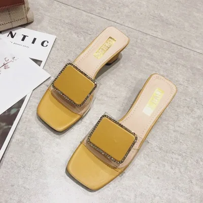 

Summer Slippers Women Shoes Woman Mules Crystal Slides Peep Toe Transparent Square Med Heels Slippers Female Shoes
