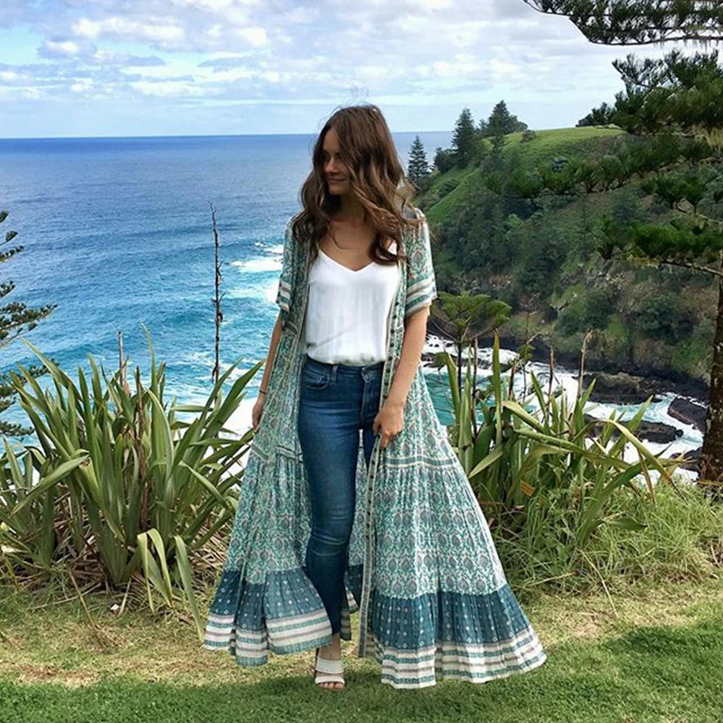 

Khale Yose SummerGreen Sage Bohemian Dress V-Neck Kimono Sexy Floral Print Maxi Beach Women Dress Female Long Gypsy Dresses 2019