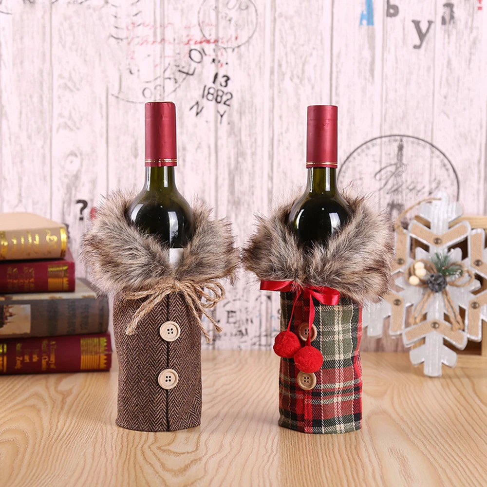 Креативный чехол для бутылки вина с меховой опушкой, Рождественский подарок на свадьбу, держатель для сумки, декор стола, праздничные вечерние украшения для дома