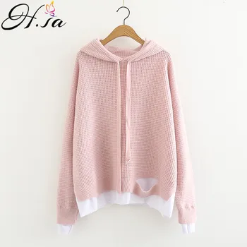 

H.SA Women Hooded Sweater Jumpers Long Sleeve Fake 2 Pieces Sweaters Pink Long Sleeve Pullover Female Tricot Jumper Pull Femme