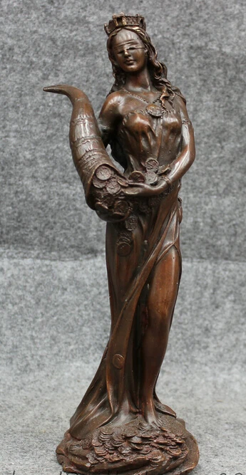 

008681 11" Chinese Bronze Art Standing Goddess Belle Beauty Coin Mammon Girl Statue