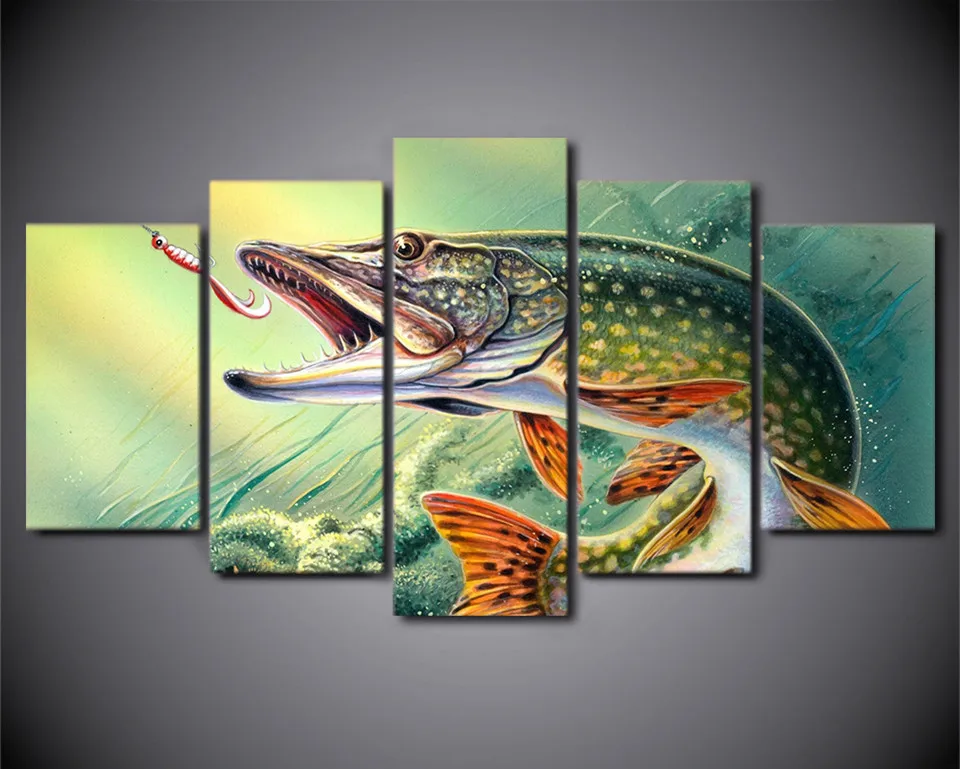 5 Pieces Wall Art Pictures Fishing Hooked Pike Fish Canvas Art Poster