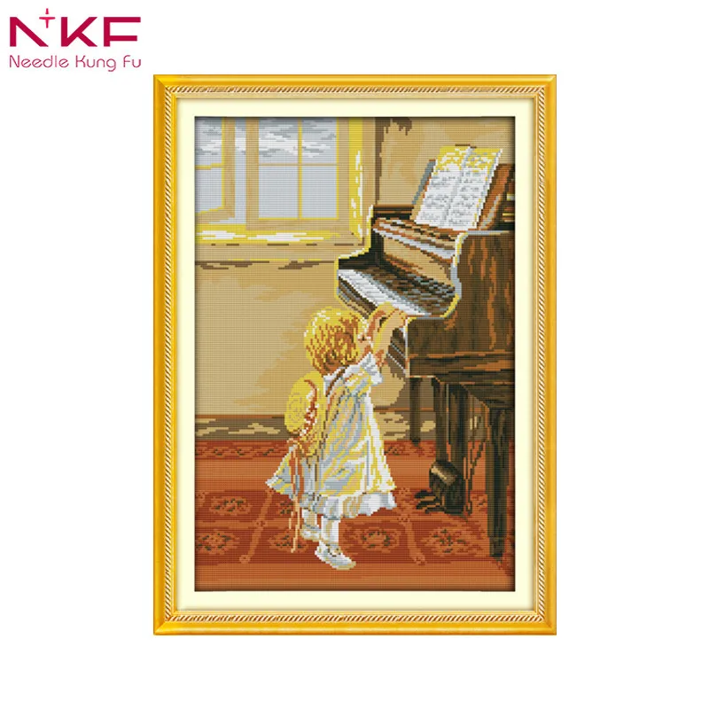 

The little girl and the piano Chinese print pattern cross stitch embroidered needlework diy kits counting pattern canvas dmc14ct