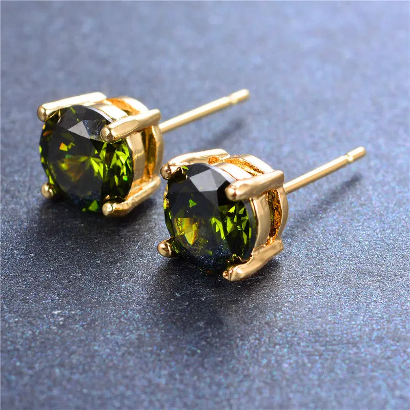 Luxury Female Olive Green Round Stud Earrings Simple Yellow Gold Filled