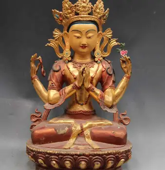 

Chinese Bronze Copper Gild painted Four Arm Hands Kwan-Yin Bodhisattva Buddha