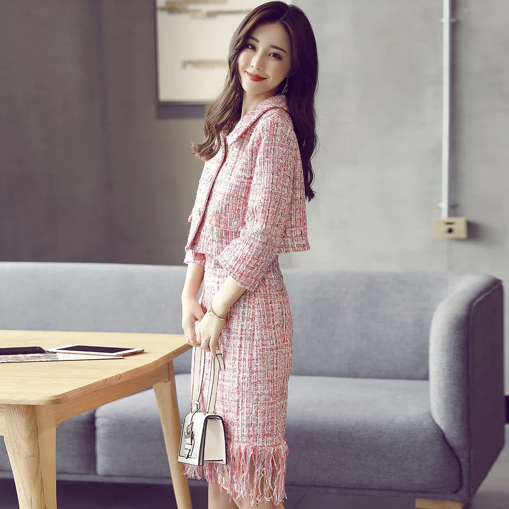 2018 Autumn Tweed Skirt Suit Set Causal Women Two Piece Set Short Jacket+Tassel Skirt 3/4 Sleeve Slim Pink Sets Woman Two Pieces