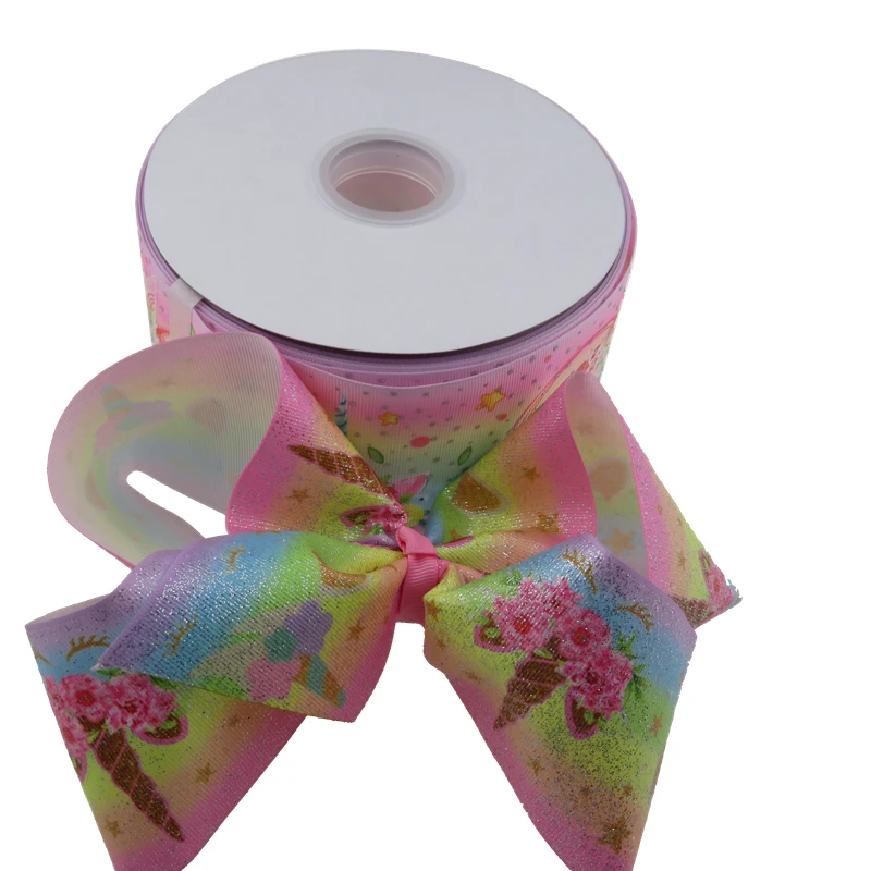 

100yards 75MM Single Face Rainbow Printing Cute Glitter Unicorn Grosgrain Ribbon Decoration Bows Crafts Ribbon Customize accept